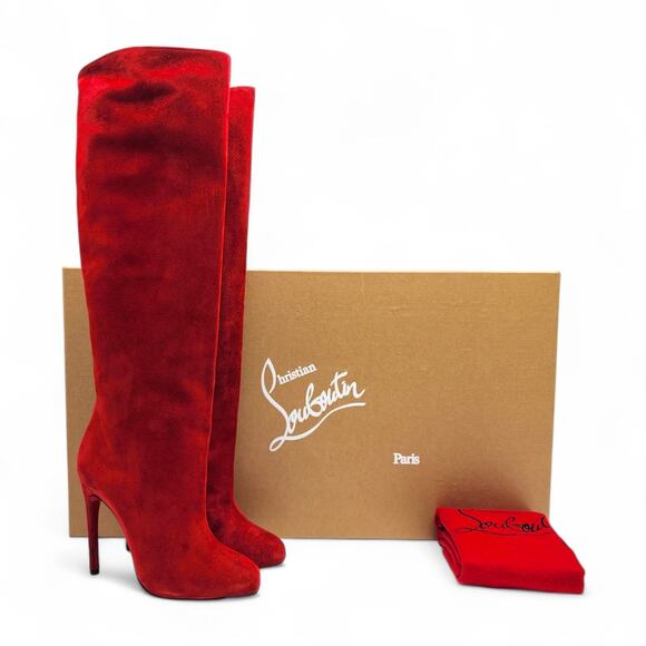 Christian Louboutin Vitish 100 Suede Knee-High Boots Red EU 37.5 US 7 $1795 NWB - Picture 1 of 7